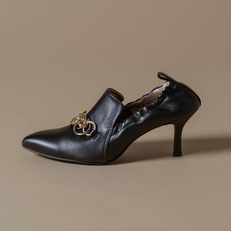 チェーンデザインシャーリングヒールパンプス/Pointed toe ring chain design shirring heel pumps L0236（BLACK）