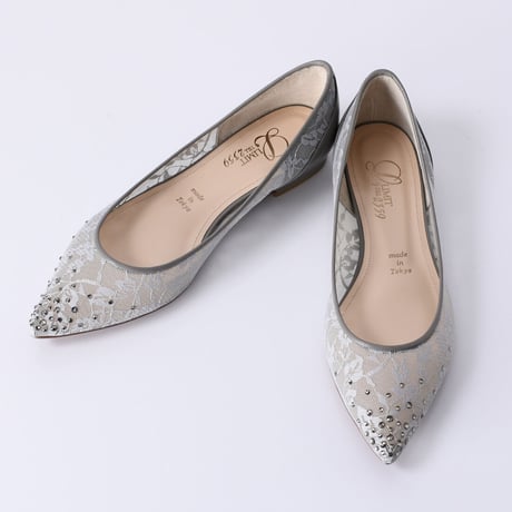 ラインストーンチュールフラットパンプス / Rhinestone tulle flat pumps L0218 (L.GRAY）