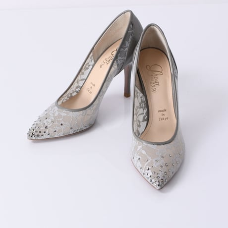 ラインストーンチュールヒールパンプス / Rhinestone tulle heel pumps L0210 (L.GRAY）
