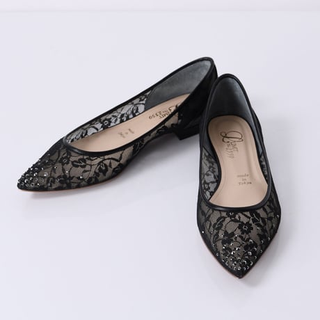 ラインストーンチュールフラットパンプス / Rhinestone tulle flat pumps L0218 (BLACK）