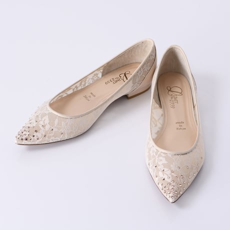 ラインストーンチュールフラットパンプス / Rhinestone tulle flat pumps L0218 (L.BEIGE）