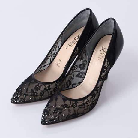 ラインストーンチュールヒールパンプス / Rhinestone tulle heel pumps L0210 (BLACK）