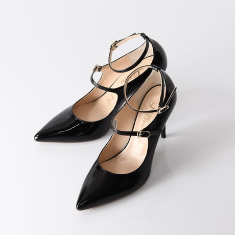 ポインテッドトゥストラップヒールパンプス / Pointed toe strap heel pumps L0211(BLACK）