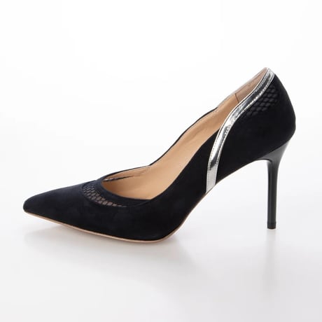 チュールコンビネーションポインテッドヒールパンプス/Tulle combination pointed heel pumps L0240 （NAVY）