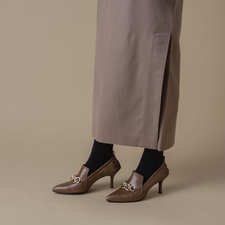 チェーンデザインシャーリングヒールパンプス/Pointed toe ring chain design shirring heel pumps L0236（BROWN）