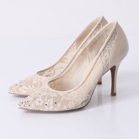 ラインストーンチュールヒールパンプス / Rhinestone tulle heel pumps L0210 (L.BEIGE）