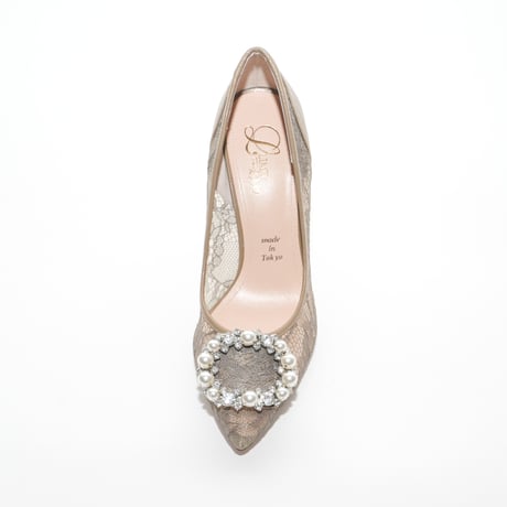オーバルビジューポインテッドチュールパンプス / Oval bijou pointed tulle pumps L0276 (KHAKI)