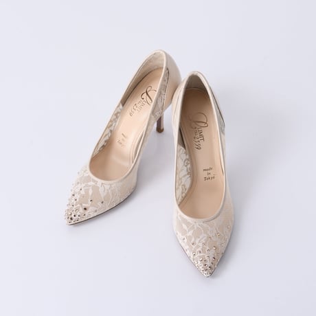 ラインストーンチュールヒールパンプス / Rhinestone tulle heel pumps L0210 (L.BEIGE）