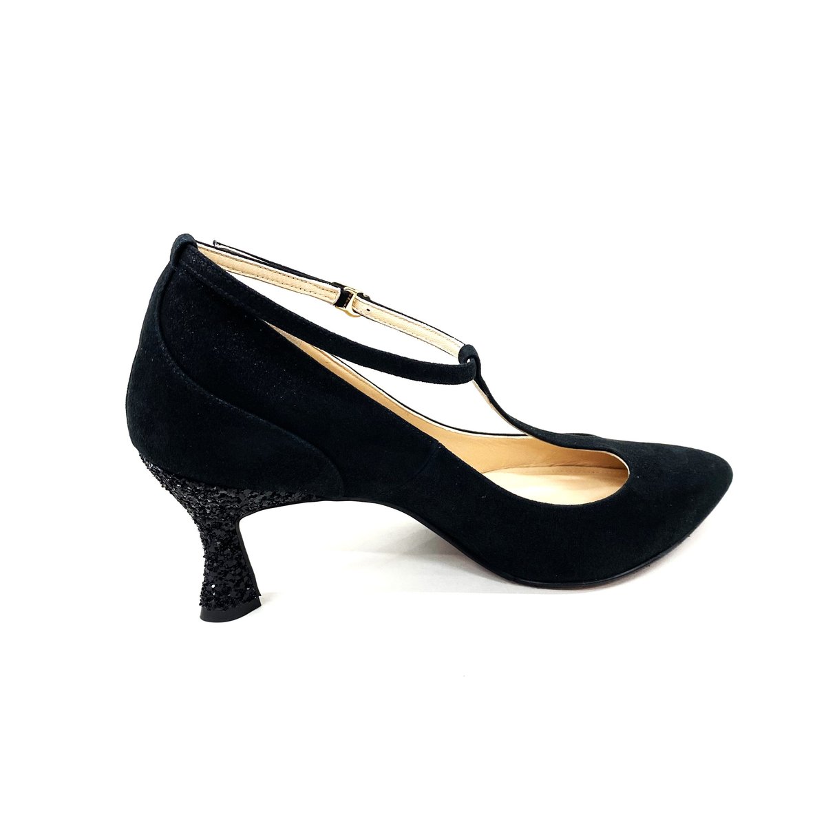 Tストラップ ポインテット グリッターヒール パンプス/T-strap pointed