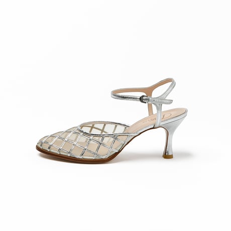 プレイドパターンチュールネックベルトラウンドパンプス/Plaid Pattern Tulle Ankle Strap Round Pumps L0293 (SILVER)