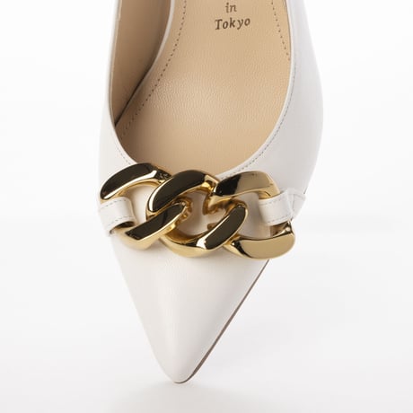 チェーンデザインポインテッドバックバンドパンプス/Chain design pointed back band pumps L0237 (WHITE）