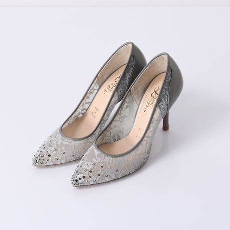 ラインストーンチュールヒールパンプス / Rhinestone tulle heel pumps L0210 (L.GRAY）