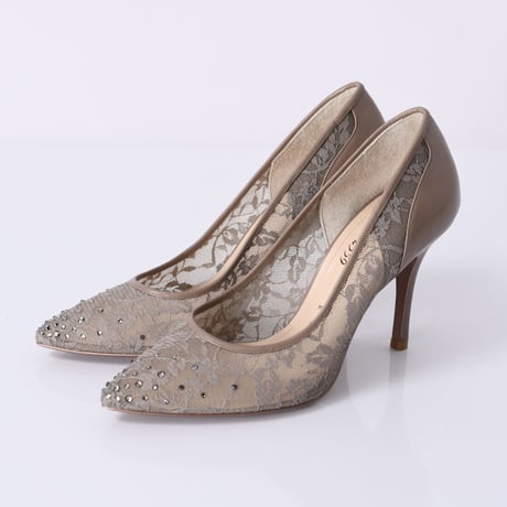 ラインストーンチュールヒールパンプス / Rhinestone tulle heel pumps L0210 (OAK）