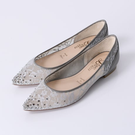 ラインストーンチュールフラットパンプス / Rhinestone tulle flat pumps L0218 (L.GRAY）