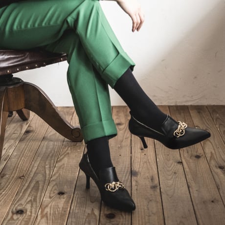 チェーンデザインシャーリングヒールパンプス/Pointed toe ring chain design shirring heel pumps L0236（BLACK）