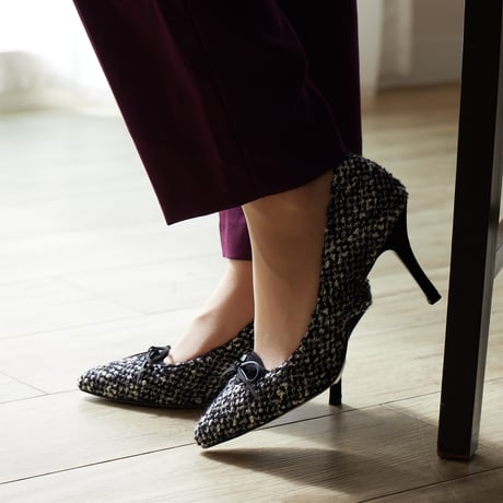 ポインテットトゥリボンツィードコンビネーションパンプス/Pointed toe ribbon combination tweed pumps L0260 (BLACKツィード)