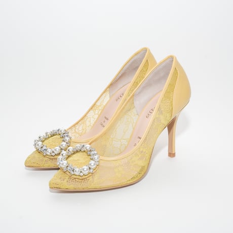 オーバルビジューポインテッドチュールパンプス / Oval bijou pointed tulle pumps L0276 (YELLOW)