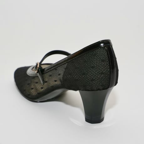 メリージェーンドットチュール六角形ヒールパンプス/mary jane dot tulle  hexagon heel pamps(L0275)BLACK/DOT