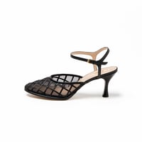 プレイドパターンチュールネックベルトラウンドパンプス/Plaid Pattern Tulle Ankle Strap Round Pumps L0293 (BLACK)