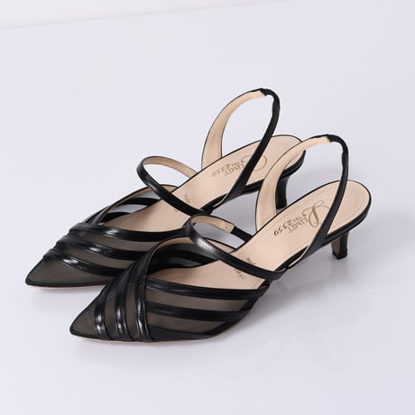 チュールコンビネーションスリングバックヒールパンプス / Tulle combination sling back heel pumps L0216 (BLACK）