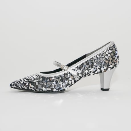 メリージェーンチュールスパンコール六角形ヒールパンプス/mary jane tulle spangle hexagon heel pamps(L0275)SILVER/SP