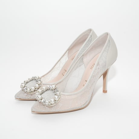 オーバルビジューポインテッドチュールパンプス / Oval bijou pointed tulle pumps L0276  (L.GRAY)