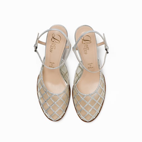 プレイドパターンチュールネックベルトラウンドパンプス/Plaid Pattern Tulle Ankle Strap Round Pumps L0293 (SILVER)