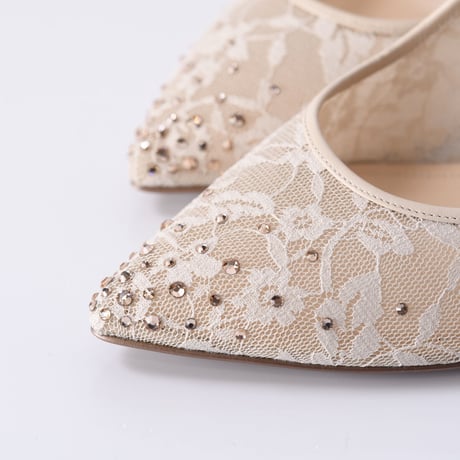 ラインストーンチュールヒールパンプス / Rhinestone tulle heel pumps L0210 (L.BEIGE）