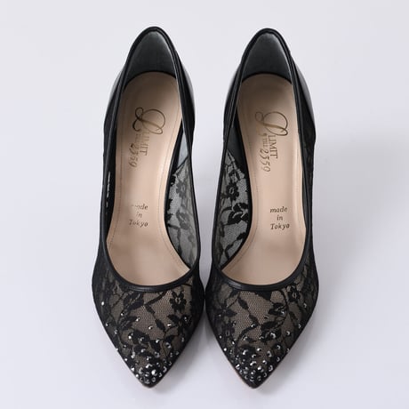 ラインストーンチュールヒールパンプス / Rhinestone tulle heel pumps L0210 (BLACK）