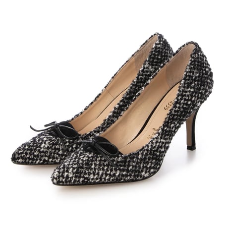 ポインテットトゥリボンツィードコンビネーションパンプス/Pointed toe ribbon combination tweed pumps L0260 (BLACKツィード)