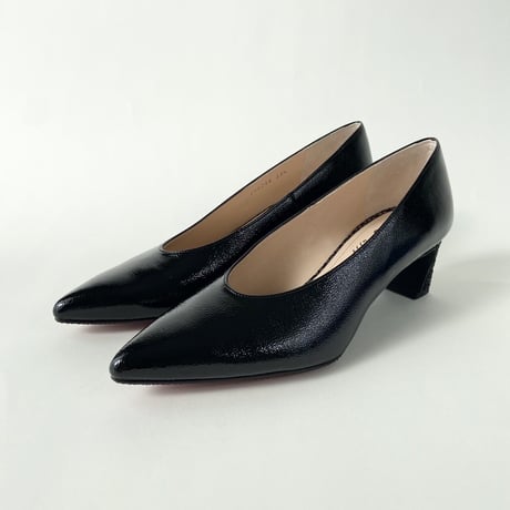 ポインテットトゥ グリッターヒール エナメルパンプス / Pointed-toe glitter heel enamel pumps L0244 (BLACK/E）