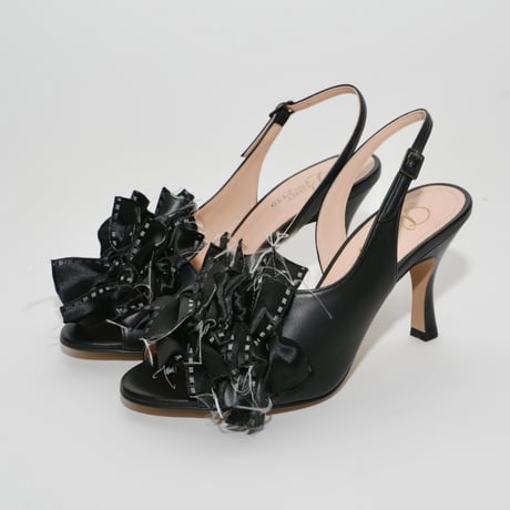 ランダムボリュームサテンリボンバックスリングサンダル/random volume satin ribbon back sling sandals L0281(BLACK)