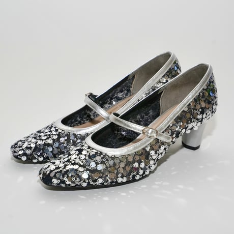 メリージェーンチュールスパンコール六角形ヒールパンプス/mary jane tulle spangle hexagon heel pamps(L0275)SILVER/SP