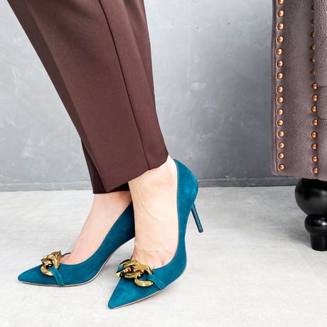 チェーンデザインポインテッドヒールパンプス/Chain design pointed heel pumps L0214 (GREEN/S）
