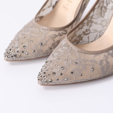 ラインストーンチュールヒールパンプス / Rhinestone tulle heel pumps L0210 (OAK）