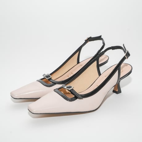 細スクエアラインストーン美錠付バックスリング/ Thin square rhinestone buckle sling back L0278 (IVORY/BLACK)