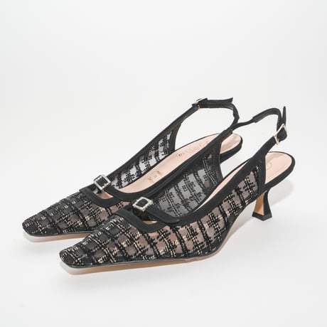 細スクエアラインストーン美錠付バックスリング/ Thin square rhinestone buckle sling back L0278A (BLACK/C)