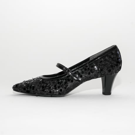 メリージェーンチュールスパンコール六角形ヒールパンプス/mary jane tulle spangle hexagon heel pamps(L0275)BLACK/SP