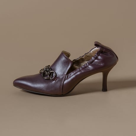 チェーンデザインシャーリングヒールパンプス/Pointed Toe Ring Chain Design Shirring Heel Pumps L0236（WINE）