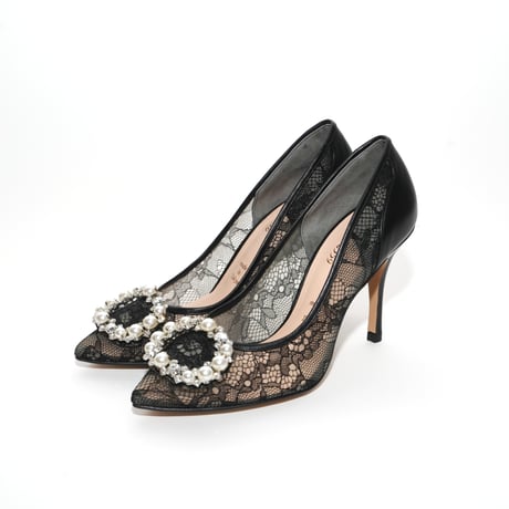 オーバルビジューポインテッドチュールパンプス / Oval bijou pointed tulle pumps L0276  (BLACK)