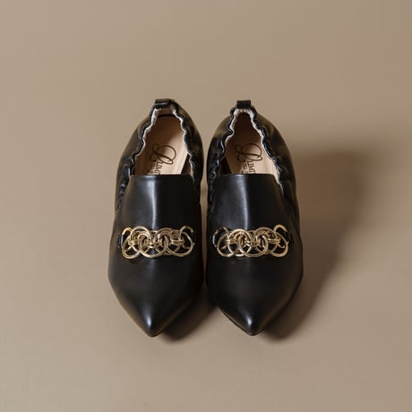 チェーンデザインシャーリングヒールパンプス/Pointed toe ring chain design shirring heel pumps L0236（BLACK）