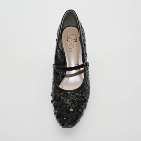 メリージェーンチュールスパンコール六角形ヒールパンプス/mary jane tulle spangle hexagon heel pamps(L0275)BLACK/SP