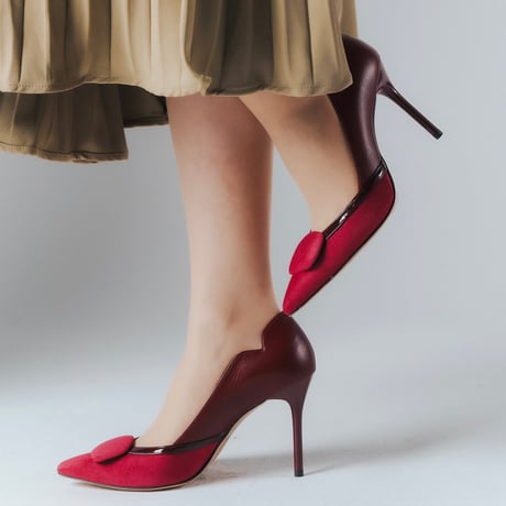 革巻プレートポインテットトゥデザインピンヒールパンプス/Leather plate pointed toe stiletto heel pumps L0258 (WINE)