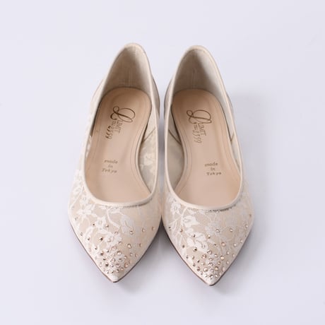 ラインストーンチュールフラットパンプス / Rhinestone tulle flat pumps L0218 (L.BEIGE）