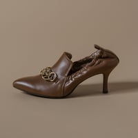チェーンデザインシャーリングヒールパンプス/Pointed toe ring chain design shirring heel pumps L0236（BROWN）
