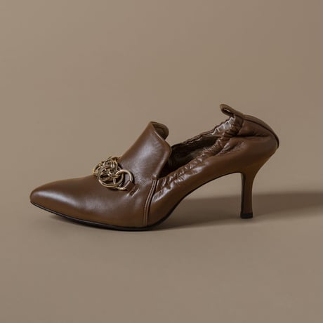 チェーンデザインシャーリングヒールパンプス/Pointed toe ring chain design shirring heel pumps L0236（BROWN）