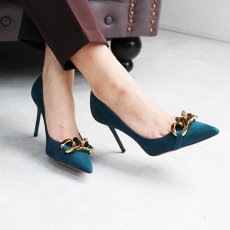 チェーンデザインポインテッドヒールパンプス/Chain design pointed heel pumps L0214 (GREEN/S）