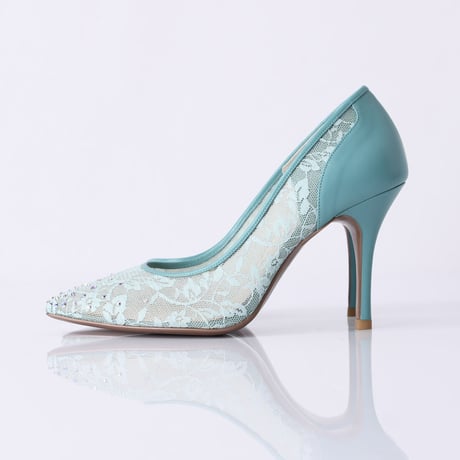 ラインストーンチュールヒールパンプス / Rhinestone tulle heel pumps L0210 (L.GREEN）