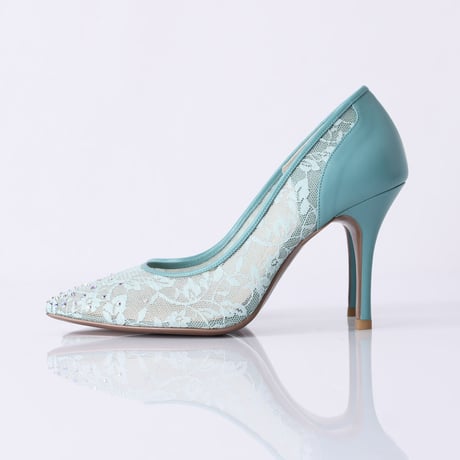 ラインストーンチュールヒールパンプス / Rhinestone tulle heel pumps L0210（L.GREEN）