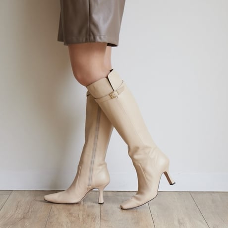 スクエアトゥバックルベルト付きロングブーツ/Square toe buckle belt long boots L0247 (L.BEIGE)